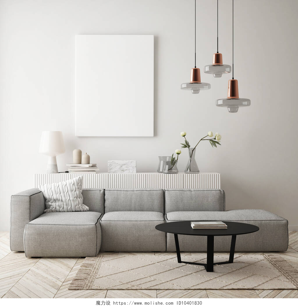 简约装修的客厅在现代室内环境、客厅、斯堪的纳维亚风格、 3D渲染、 3D插图中模拟海报框架